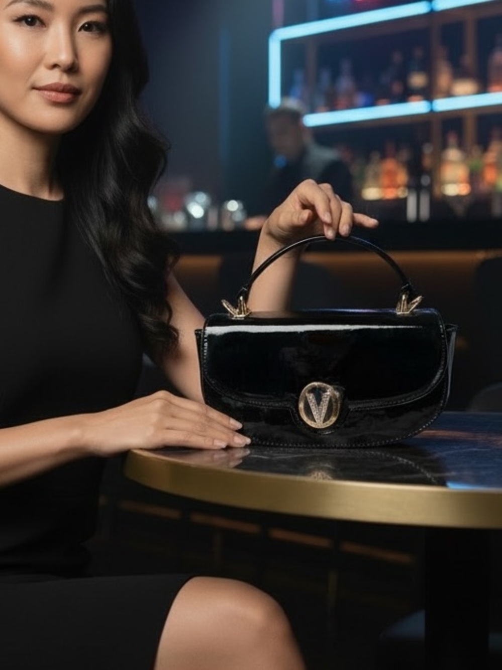Valentino Orlandi Logo Black Patent Mini Shoulder Bag with Top Handle and Strap